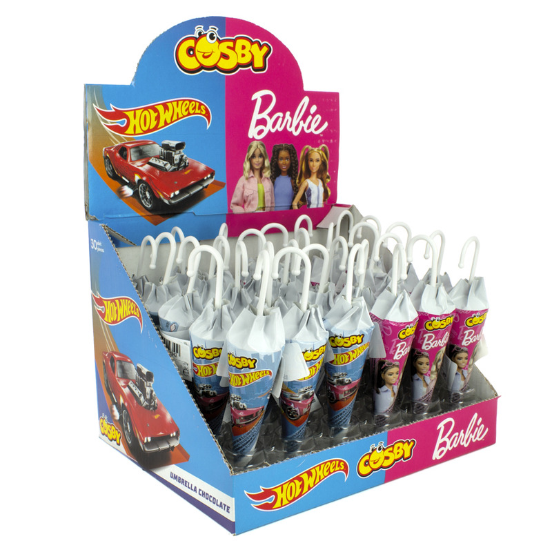 PARAGUAS CHOCO BARBIE Y HOTWHEELS 30 UDS